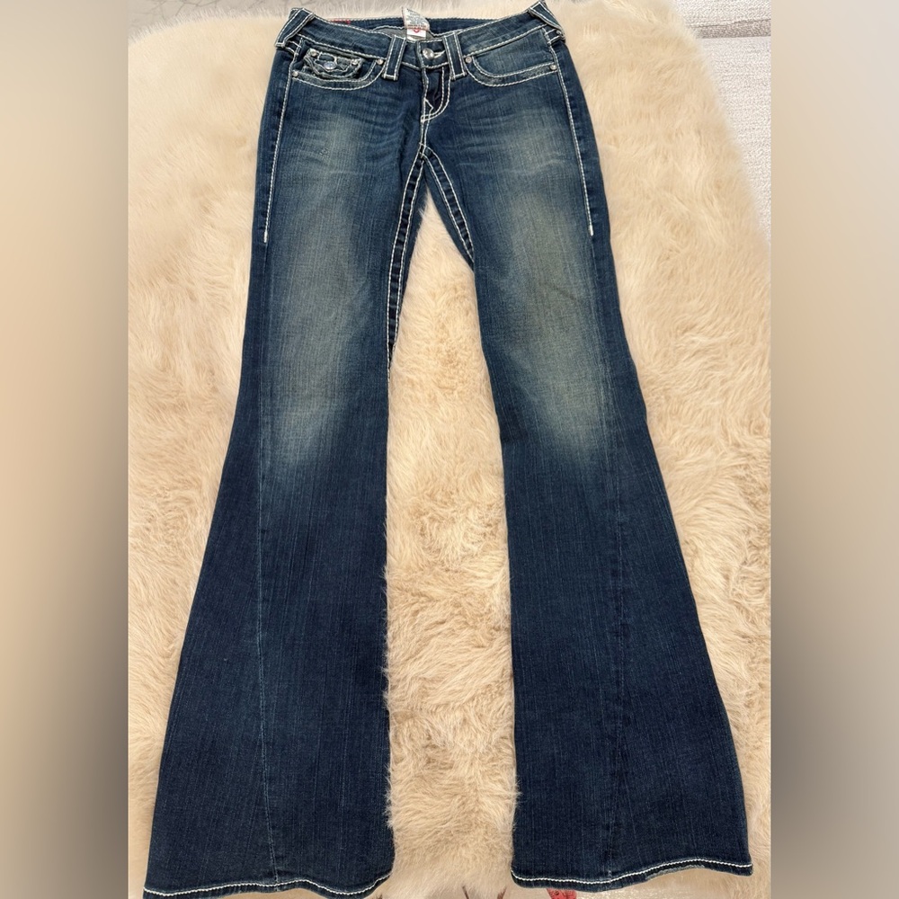 💎✨True Religion Low Rise Rhinestone Flap Pocket Twist Flare Jeans 25